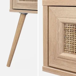 Comodino effetto legno e intrecciatura cannage, 1 cassetto