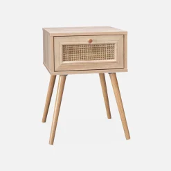 Comodino effetto legno e intrecciatura cannage, 1 cassetto