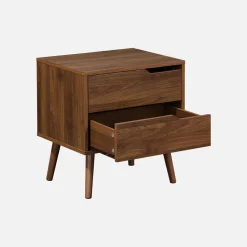 Comodino in legno tinto noce, 2 cassetti