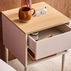 Comodino in metallo e decorazione in legno, 1 anta 1 cassetto