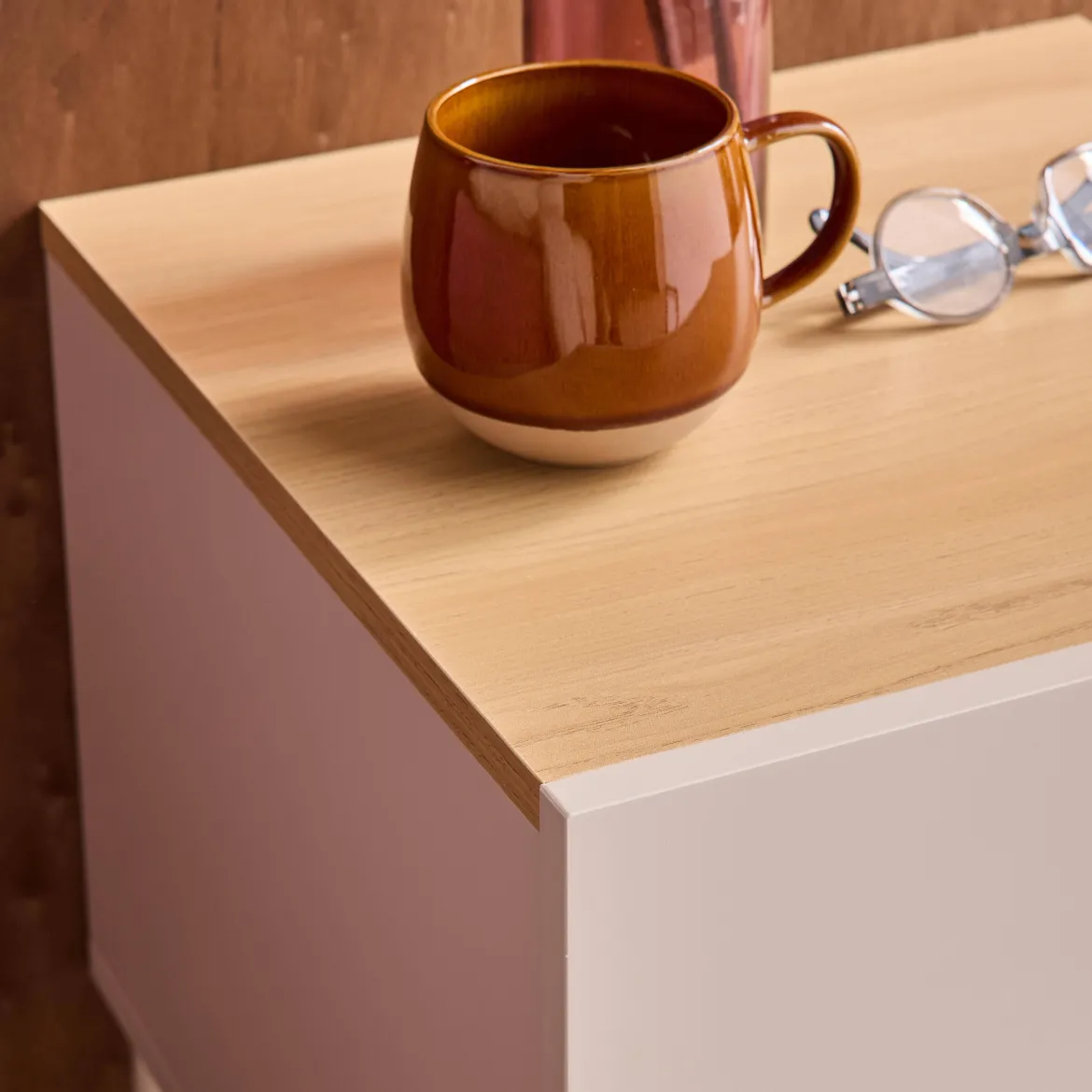 Comodino in metallo e decorazione in legno, 1 anta 1 cassetto