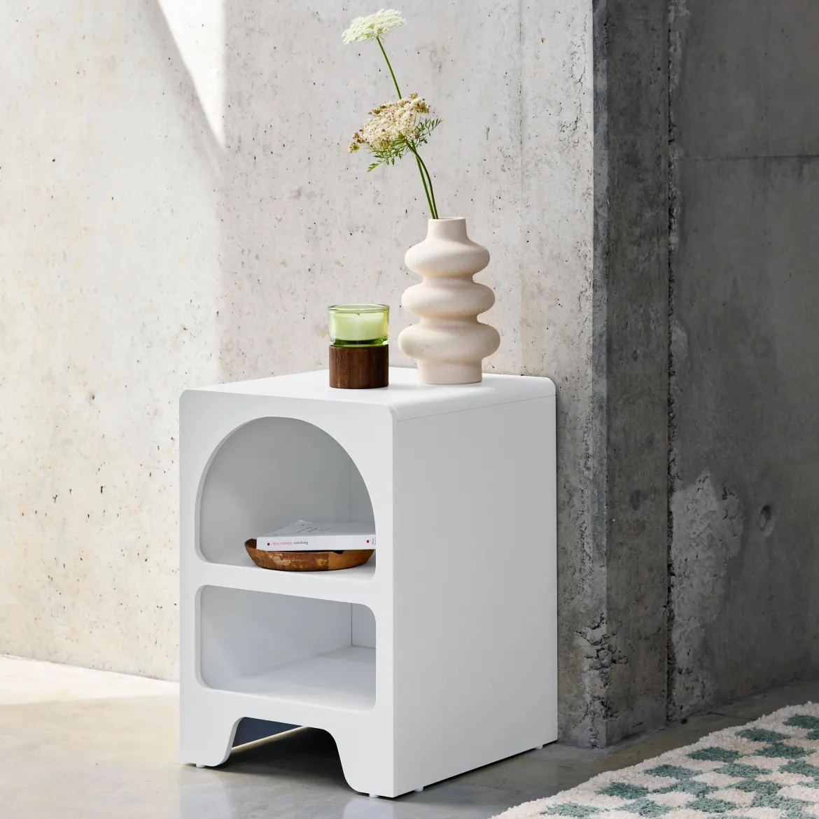 Comodino organico effetto legno bianco, 2 nicchie Mobileoggetti
