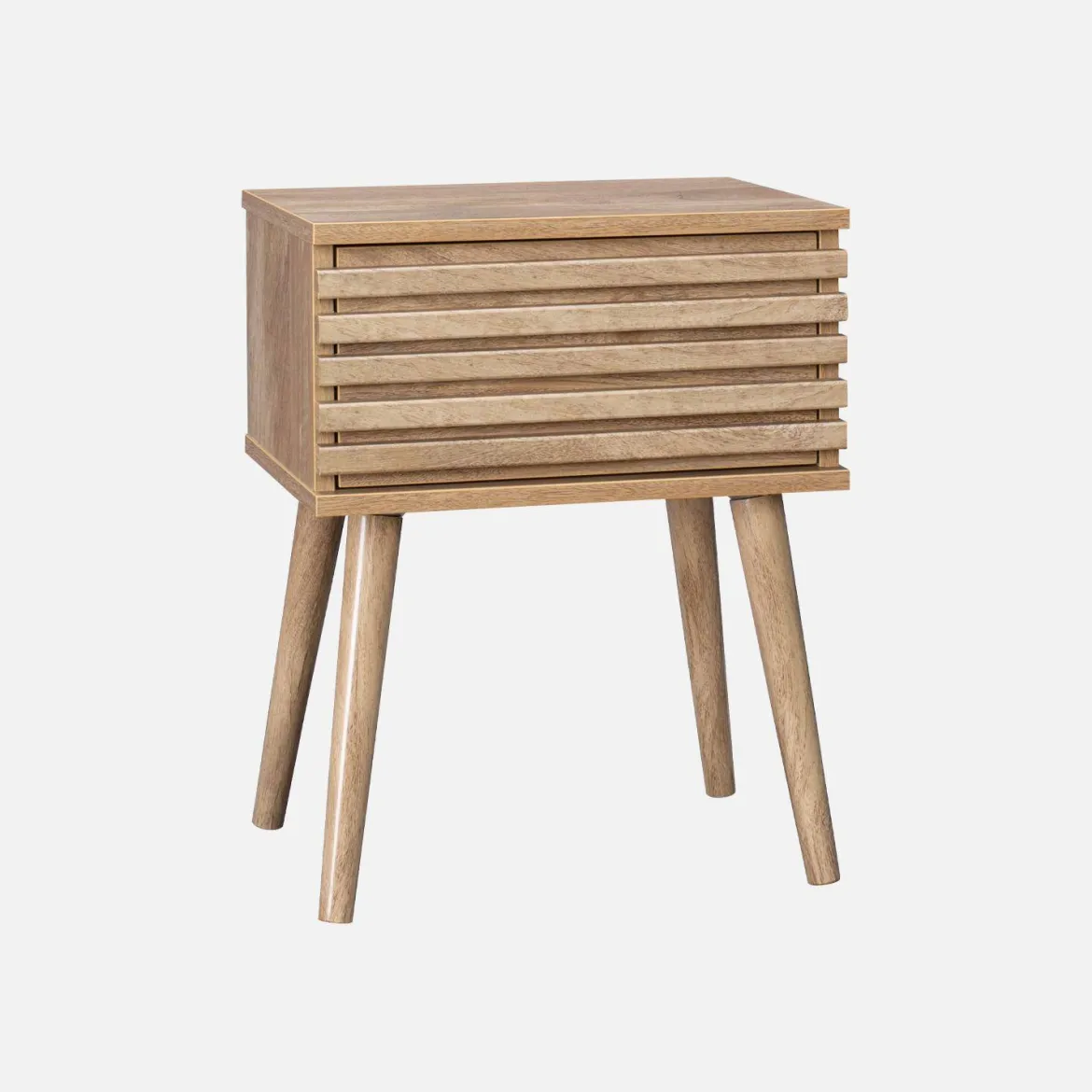 Comodino scandinavo con decori in legno scanalato