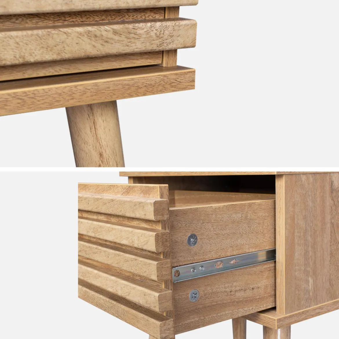 Comodino scandinavo con decori in legno scanalato