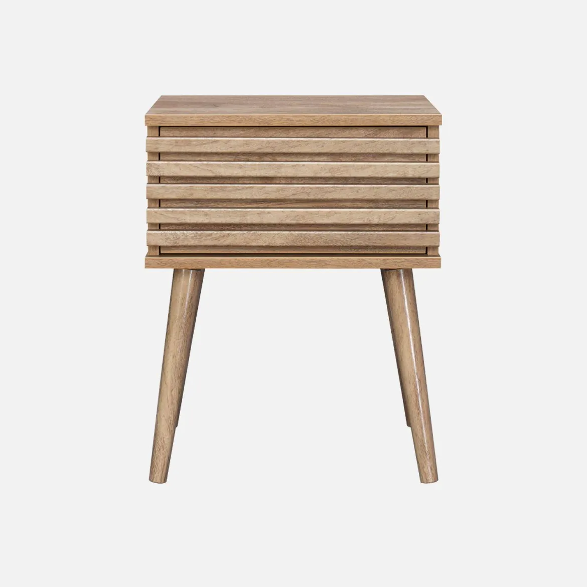 Comodino scandinavo con decori in legno scanalato