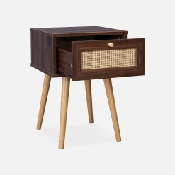 Comodino effetto legno e intrecciatura cannage, 1 cassetto
