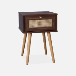 Comodino effetto legno e intrecciatura cannage, 1 cassetto