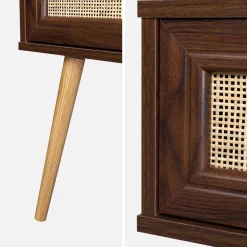 Comodino effetto legno e intrecciatura cannage, 1 cassetto