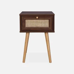 Comodino effetto legno e intrecciatura cannage, 1 cassetto