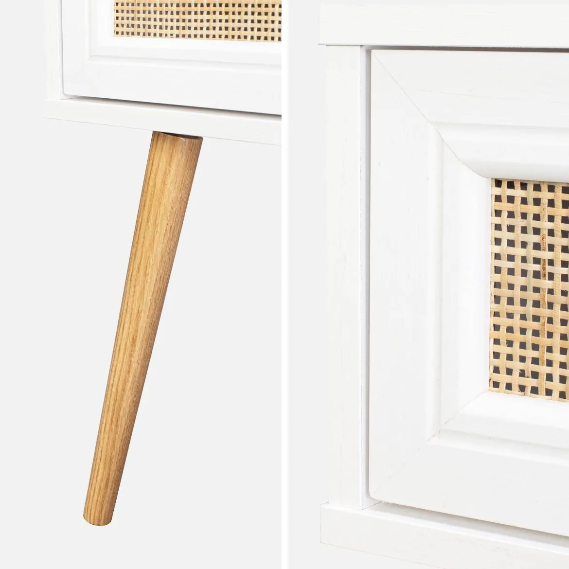 Comodino effetto legno e intrecciatura cannage, 1 cassetto