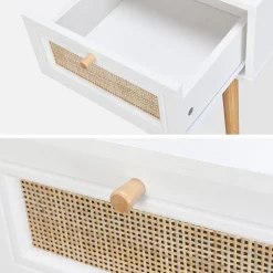 Comodino effetto legno e intrecciatura cannage, 1 cassetto