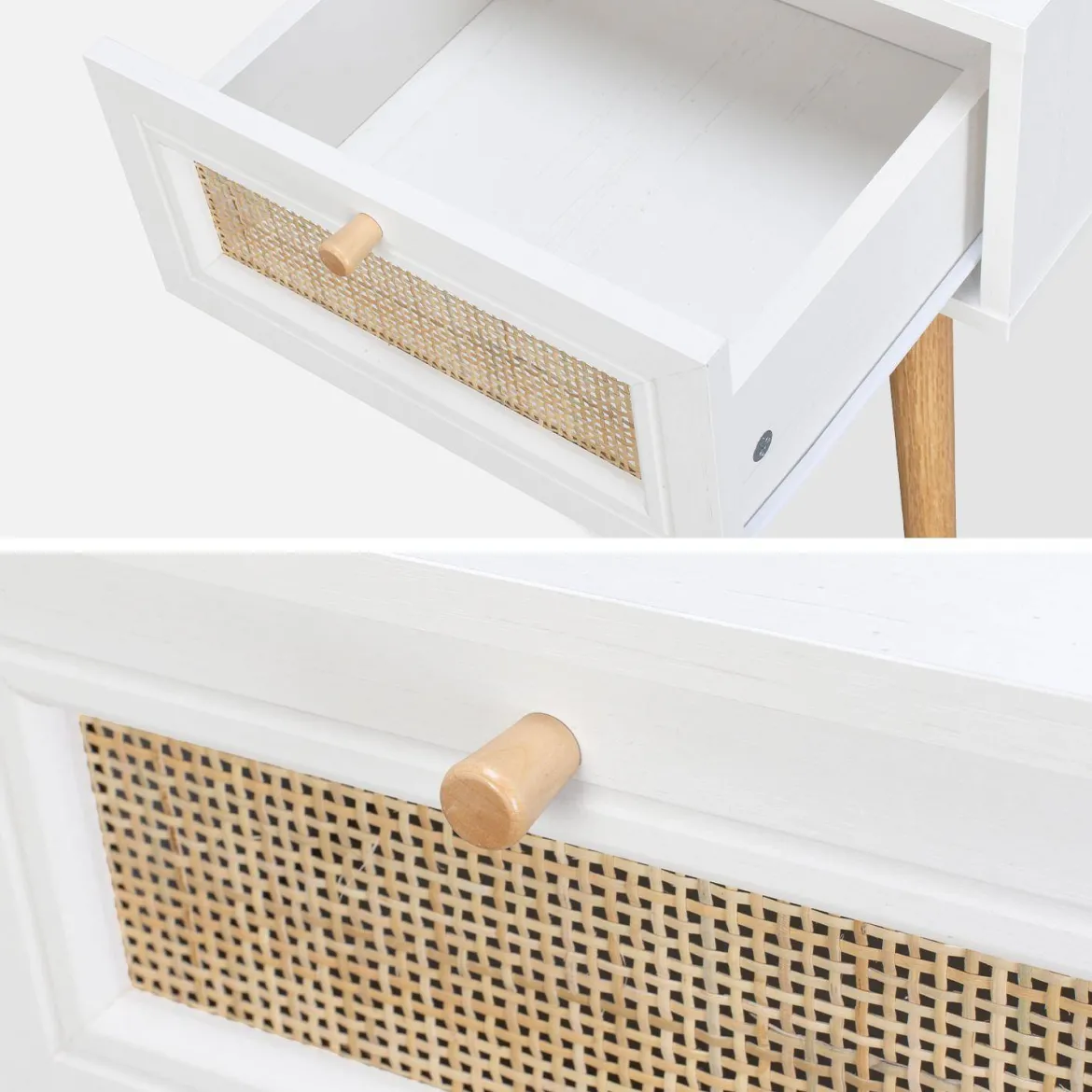 Comodino effetto legno e intrecciatura cannage, 1 cassetto