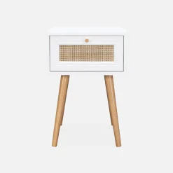Comodino effetto legno e intrecciatura cannage, 1 cassetto