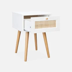 Comodino effetto legno e intrecciatura cannage, 1 cassetto
