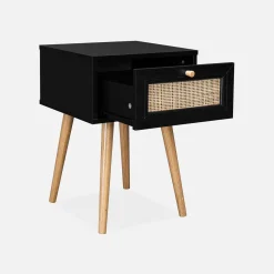 Comodino effetto legno e intrecciatura cannage, 1 cassetto