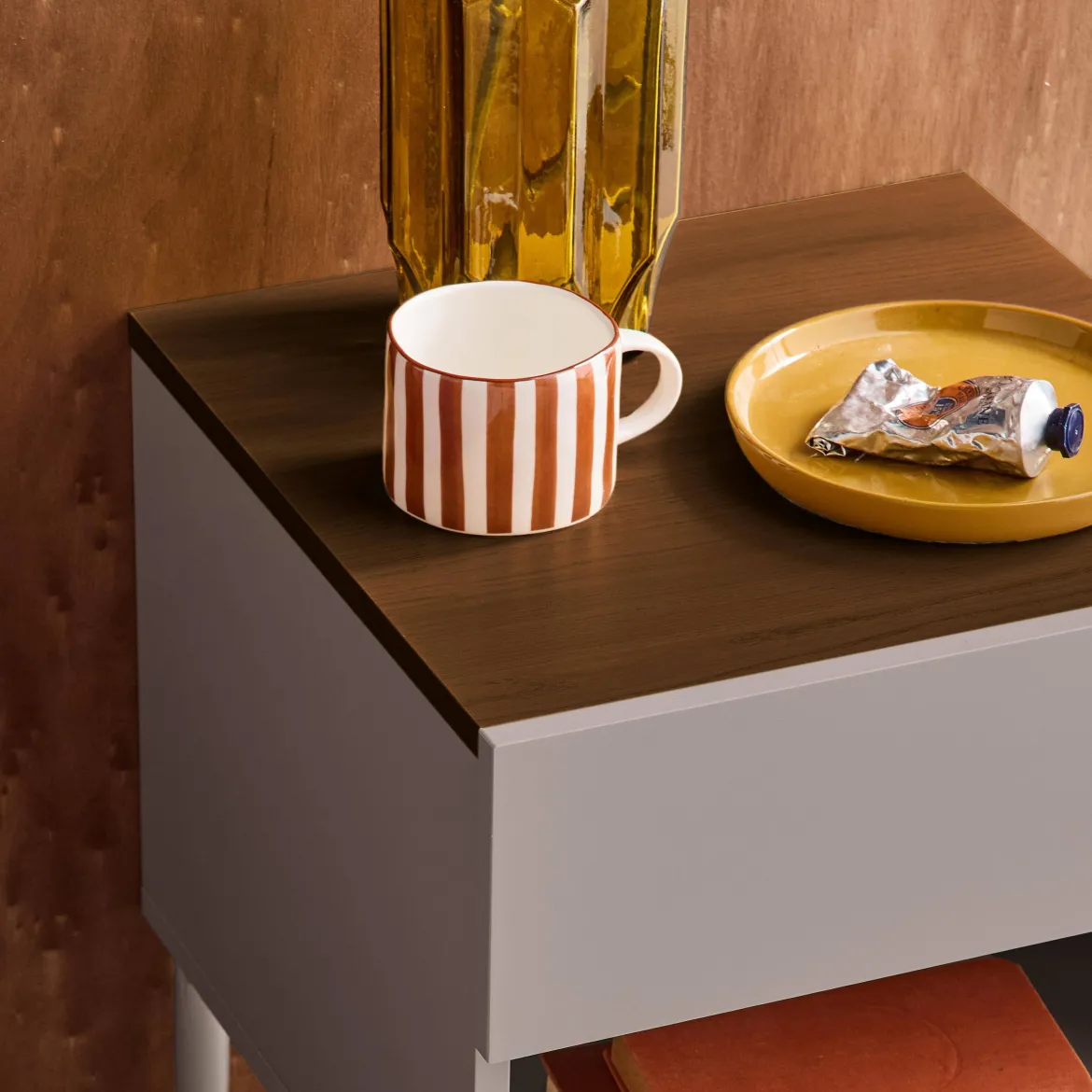 Comodino in metallo e decorazione in legno, 1 anta 1 cassetto