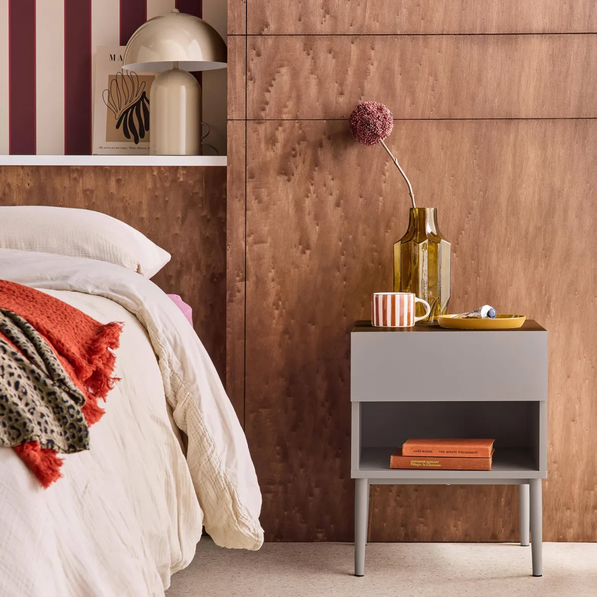 Comodino in metallo e decorazione in legno, 1 anta 1 cassetto