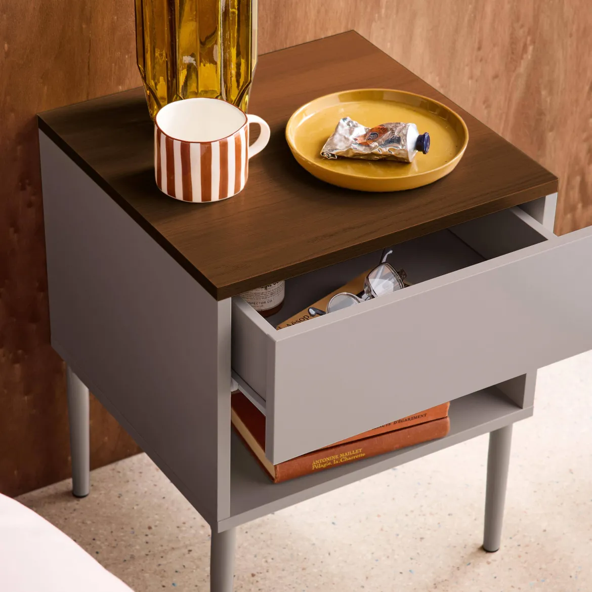 Comodino in metallo e decorazione in legno, 1 anta 1 cassetto