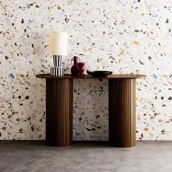 Consolle ovale scandinava con effetto legno scanalato, 120cm