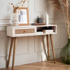 Consolle scandinava con effetto legno e canna, 100cm