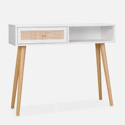 Consolle scandinava con effetto legno e canna, 100cm