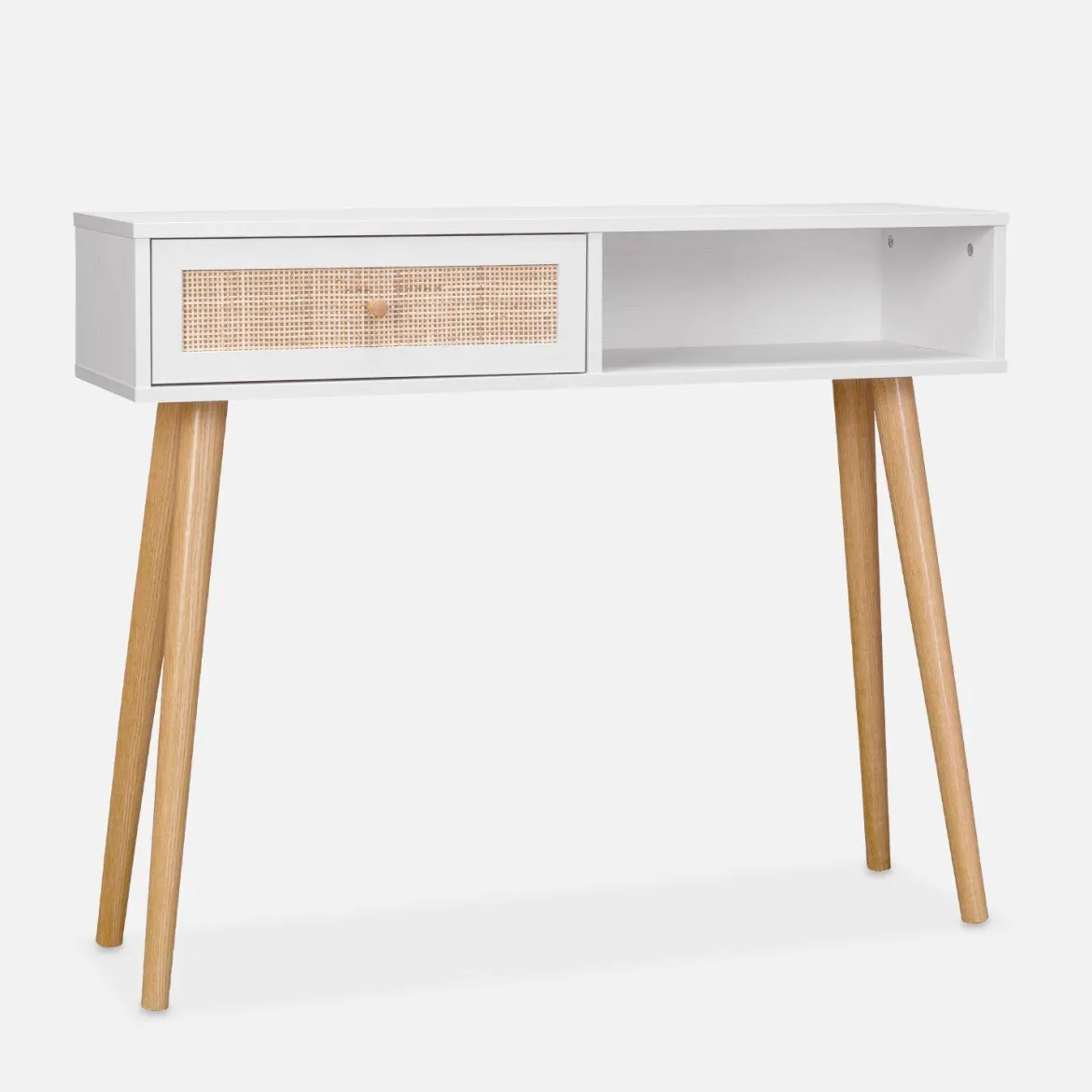 Consolle scandinava con effetto legno e canna, 100cm