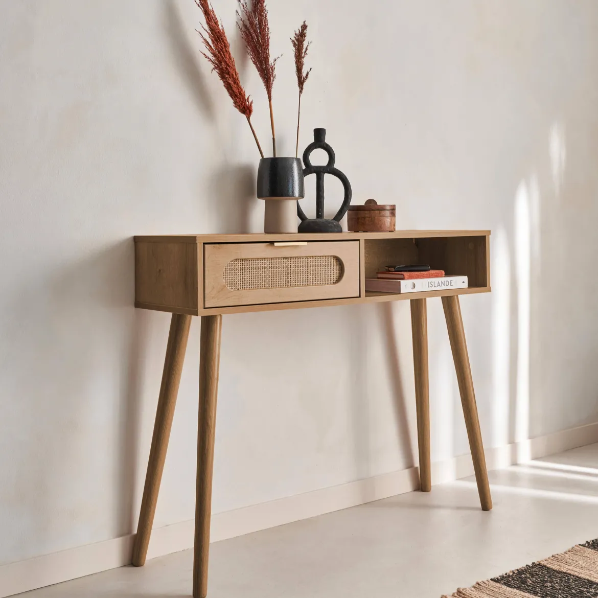 Consolle scandinava in canna e legno, 100cm