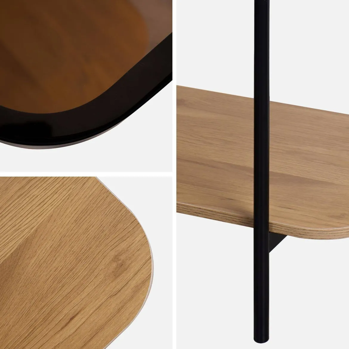 Consolle vintage in metallo nero con piano in vetro e decori in legno, 110 cm