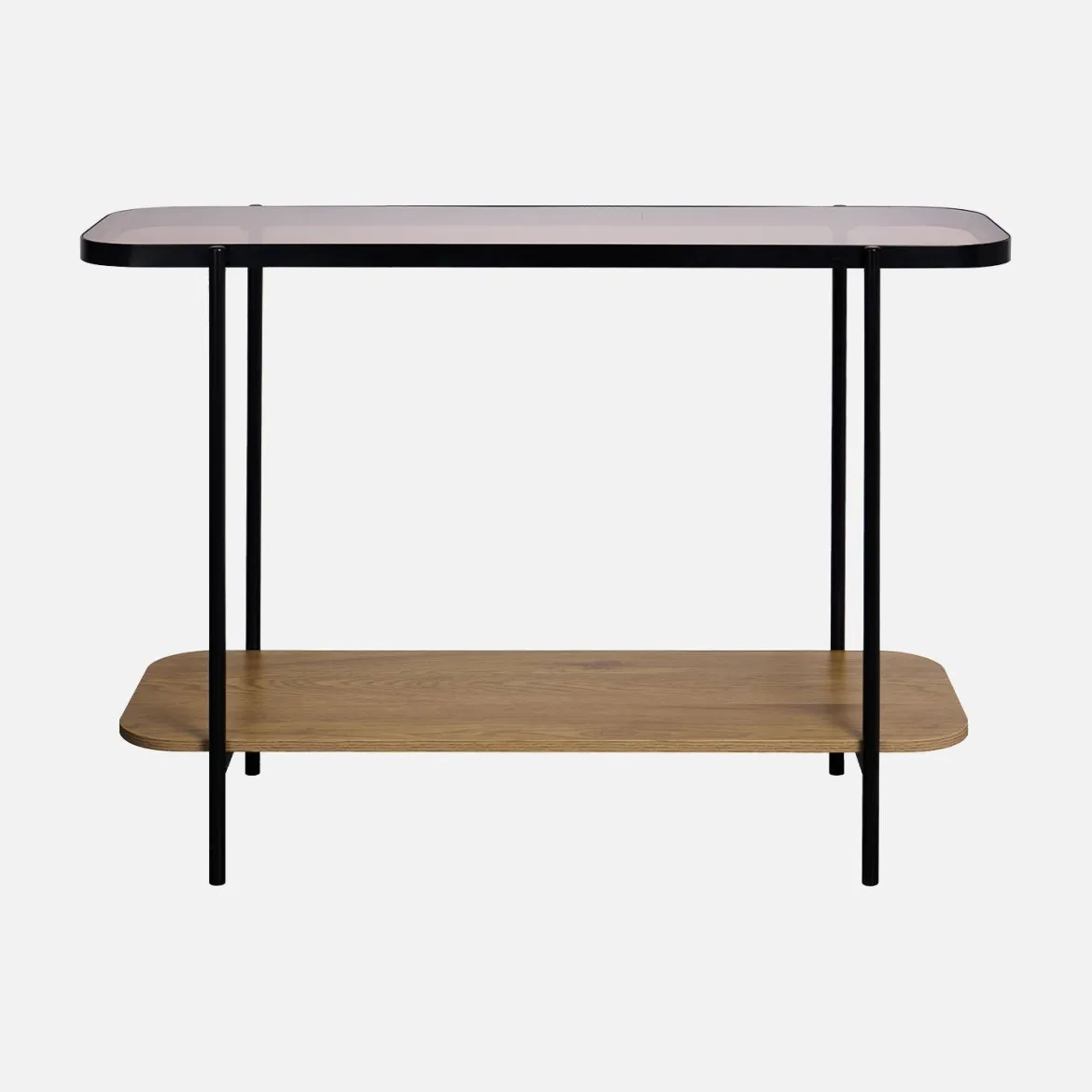 Consolle vintage in metallo nero con piano in vetro e decori in legno, 110 cm