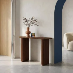 Consolle ovale in legno di hevea impiallacciato rovere