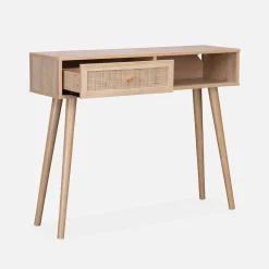 Consolle scandinava con effetto legno e canna, 100cm