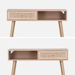 Consolle scandinava con effetto legno e canna, 100cm
