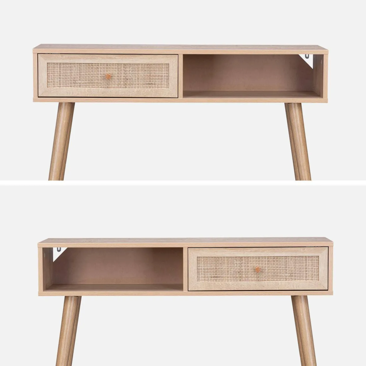 Consolle scandinava con effetto legno e canna, 100cm