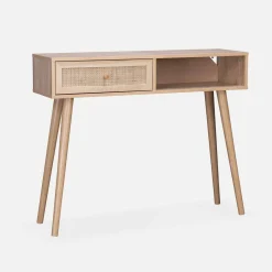 Consolle scandinava con effetto legno e canna, 100cm
