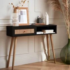 Consolle scandinava con effetto legno e canna, 100cm