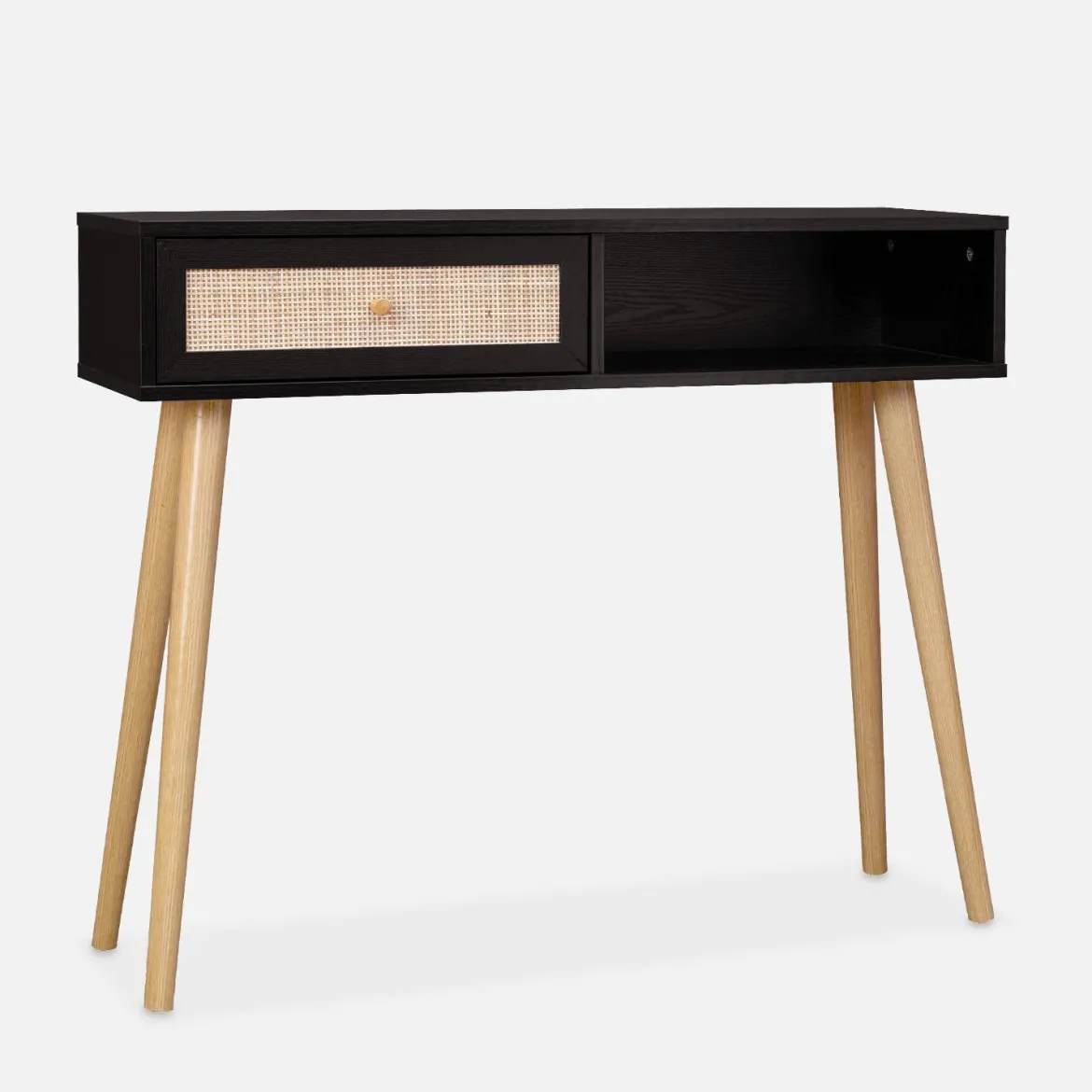 Consolle scandinava con effetto legno e canna, 100cm