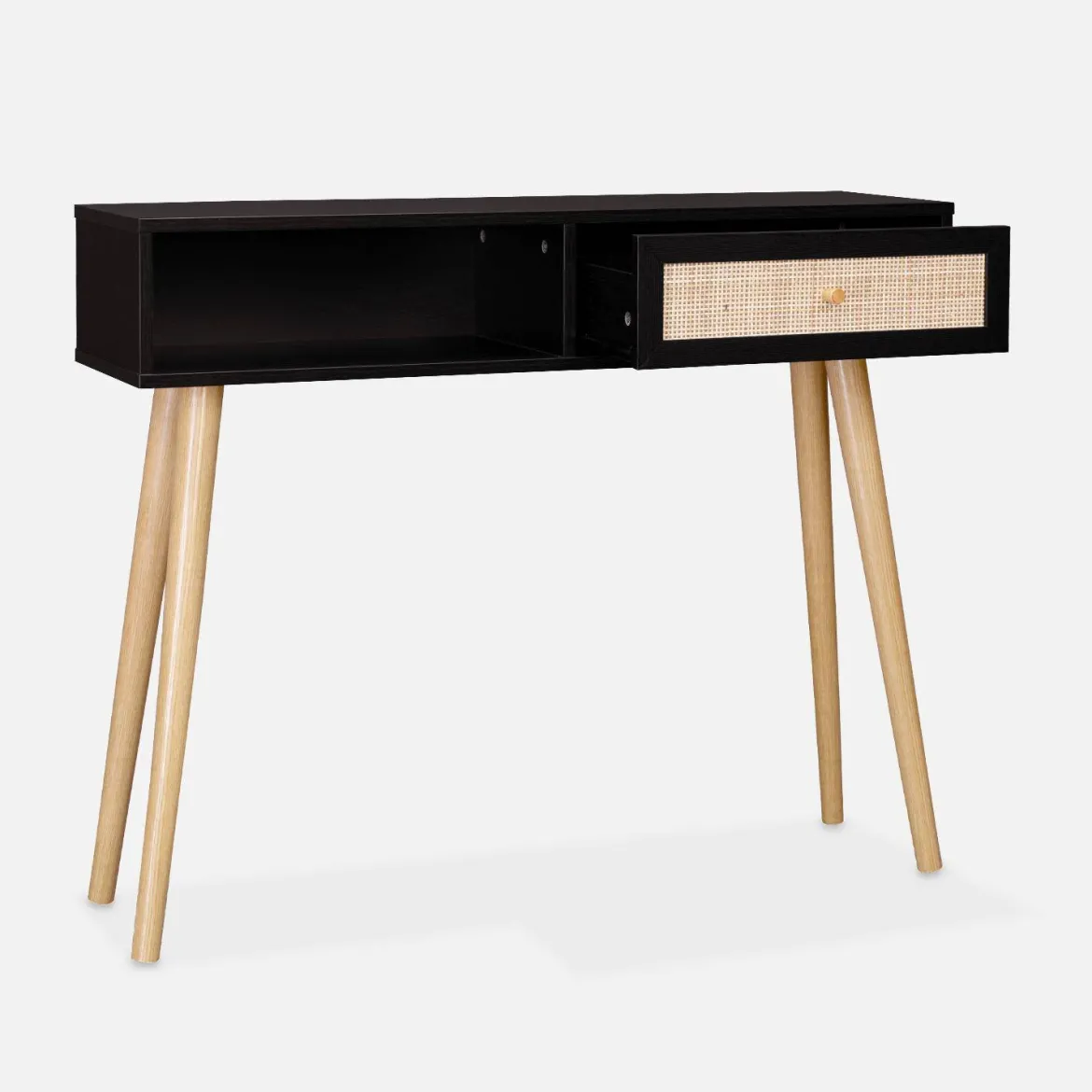 Consolle scandinava con effetto legno e canna, 100cm