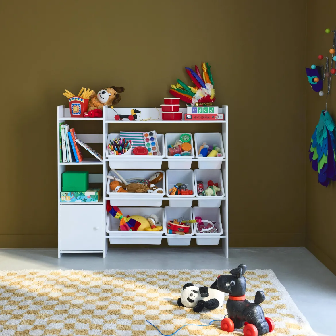 Contenitore per bambini con 9 contenitori, 4 ripiani, 1 anta