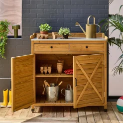 Contenitore, tavolo da vaso in legno di abete, 2 ante, 2 cassetti