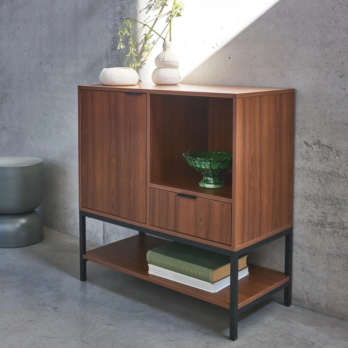 Credenza a 1 anta in legno di noce, 80cm
