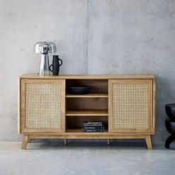 Credenza con 2 ante scorrevoli e ripiani effetto legno e canna, 150cm
