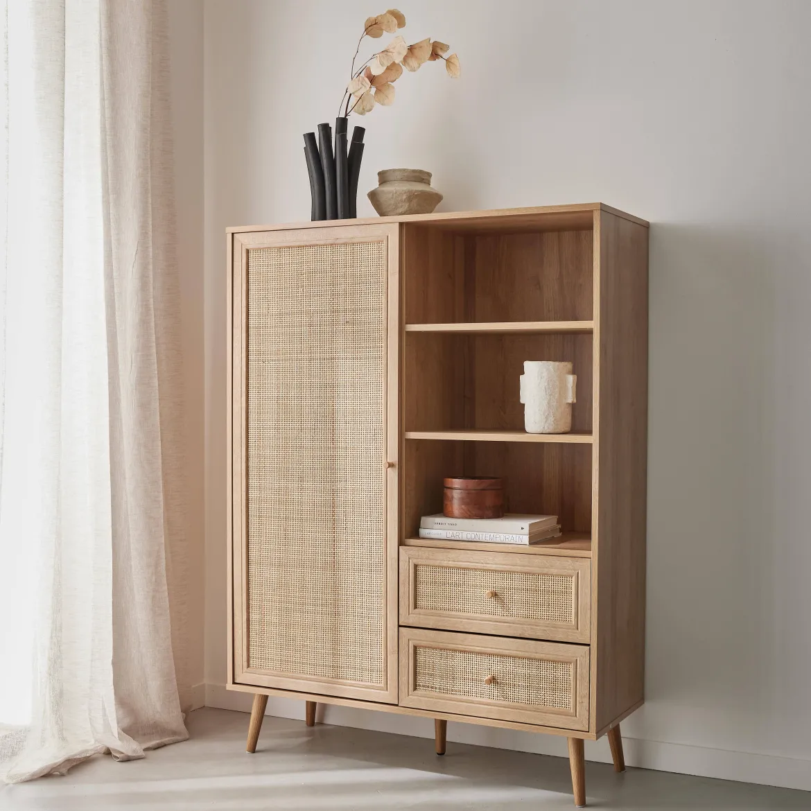 Credenza con decoro in canna e legno, 101.5cm