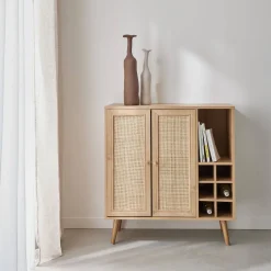 Credenza con portabottiglie, decorazione in vimini e legno, 83cm