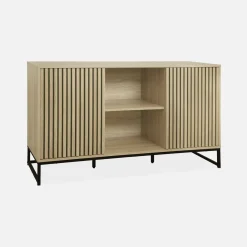 Credenza contemporanea a 2 ante scanalate effetto legno, 140cm