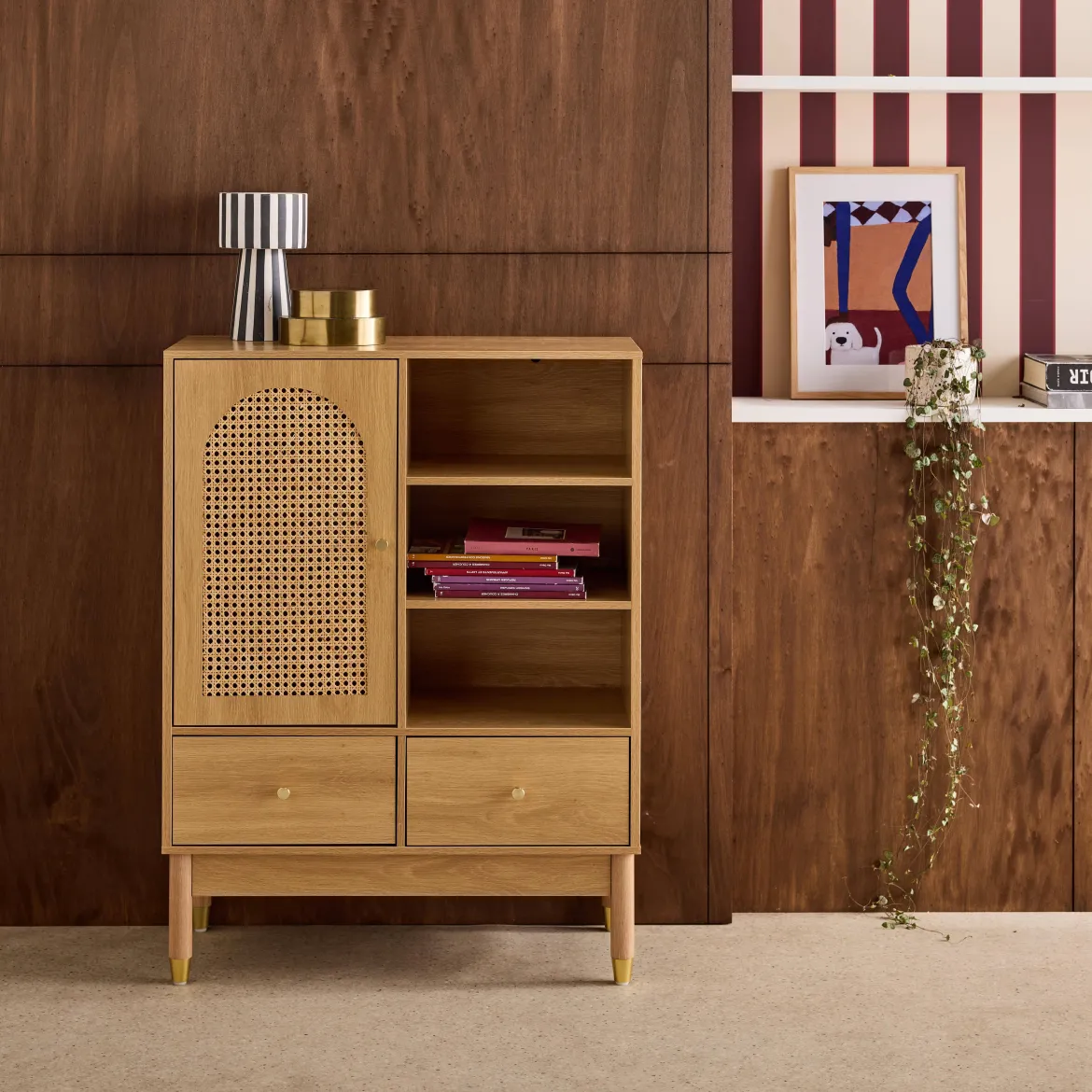 Credenza decorativa in legno e canna 1 anta 75cm
