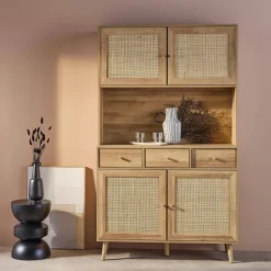 Credenza decorazione in legno e cannage 4 ante e 3 cassetti, 110cm