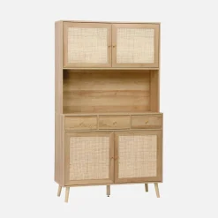 Credenza decorazione in legno e cannage 4 ante e 3 cassetti, 110cm