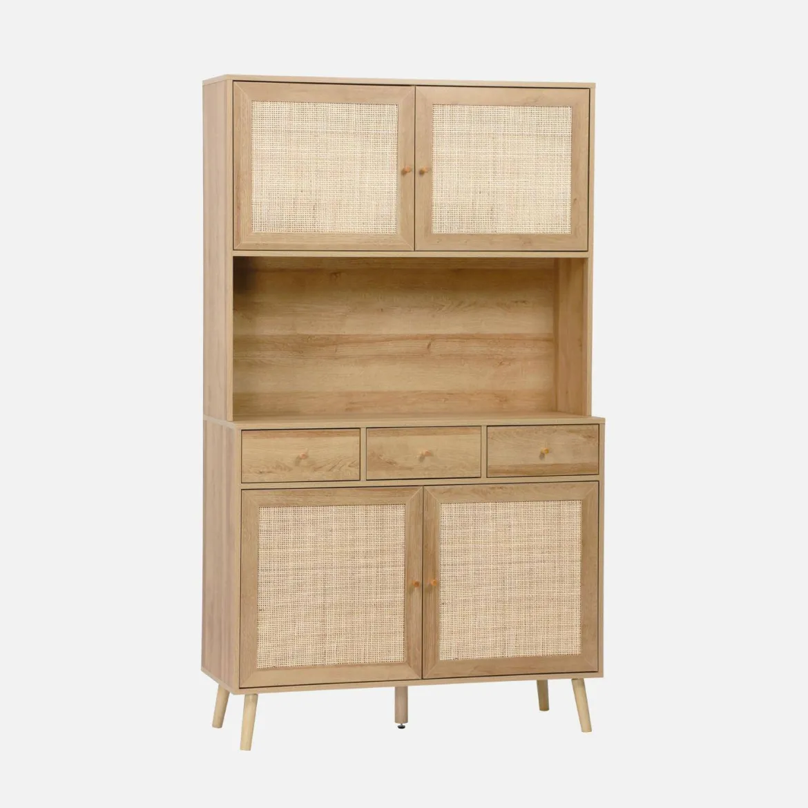 Credenza decorazione in legno e cannage 4 ante e 3 cassetti, 110cm