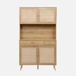 Credenza decorazione in legno e cannage 4 ante e 3 cassetti, 110cm
