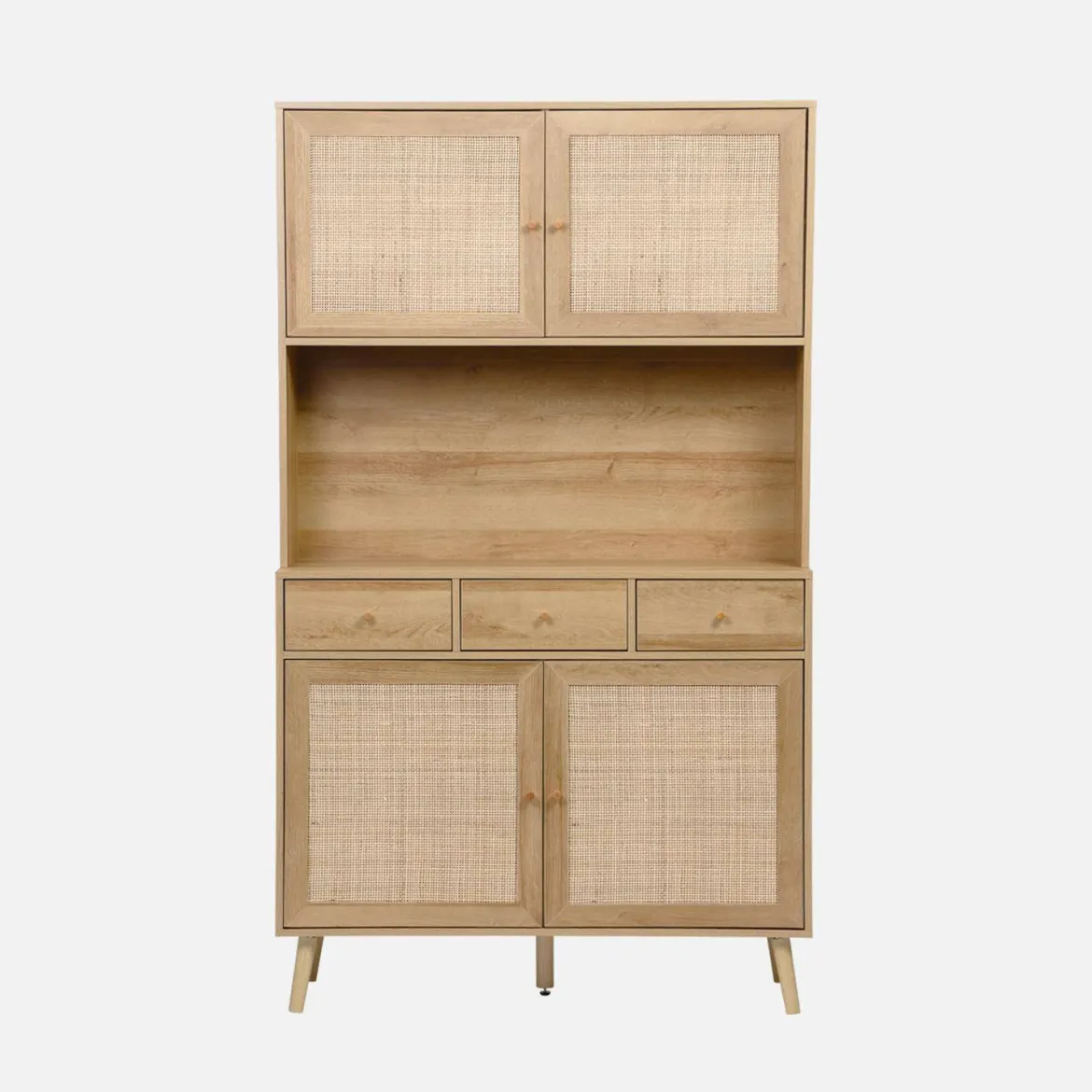 Credenza decorazione in legno e cannage 4 ante e 3 cassetti, 110cm